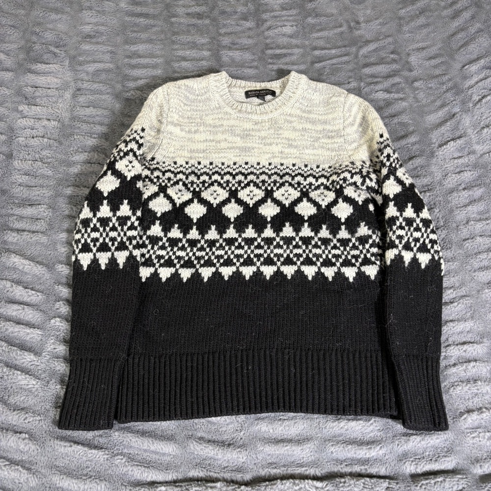 Banana Republic Alpaca Merino Wool Fair Isle Sweater XS‎ Black Gray Italian Yarn